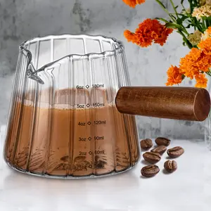 6 oz/180 ml Espresso Shot Glass with Wood Handle, Espresso Accessories, Single-Spout Milk Frother Measuring Cup with Clear Scale, Heat-Resistant Kitchen Measuring Utensil for Coffee, Milk, Tea and Syrup