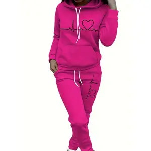 Women's Maroon Casual Autumn/Winter Suit-Heartbeat Print Hoodie with Kangaroo Pocket Jogger Pants Suit Womenswear  Minimalist Rose Red Lounge Sets Clothes Long Sleeve Basic