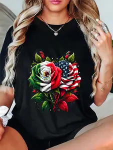 100% Cotton Unisex Mexico USA Flag Mexican Flag American Flag Rose Flower T-Shirt