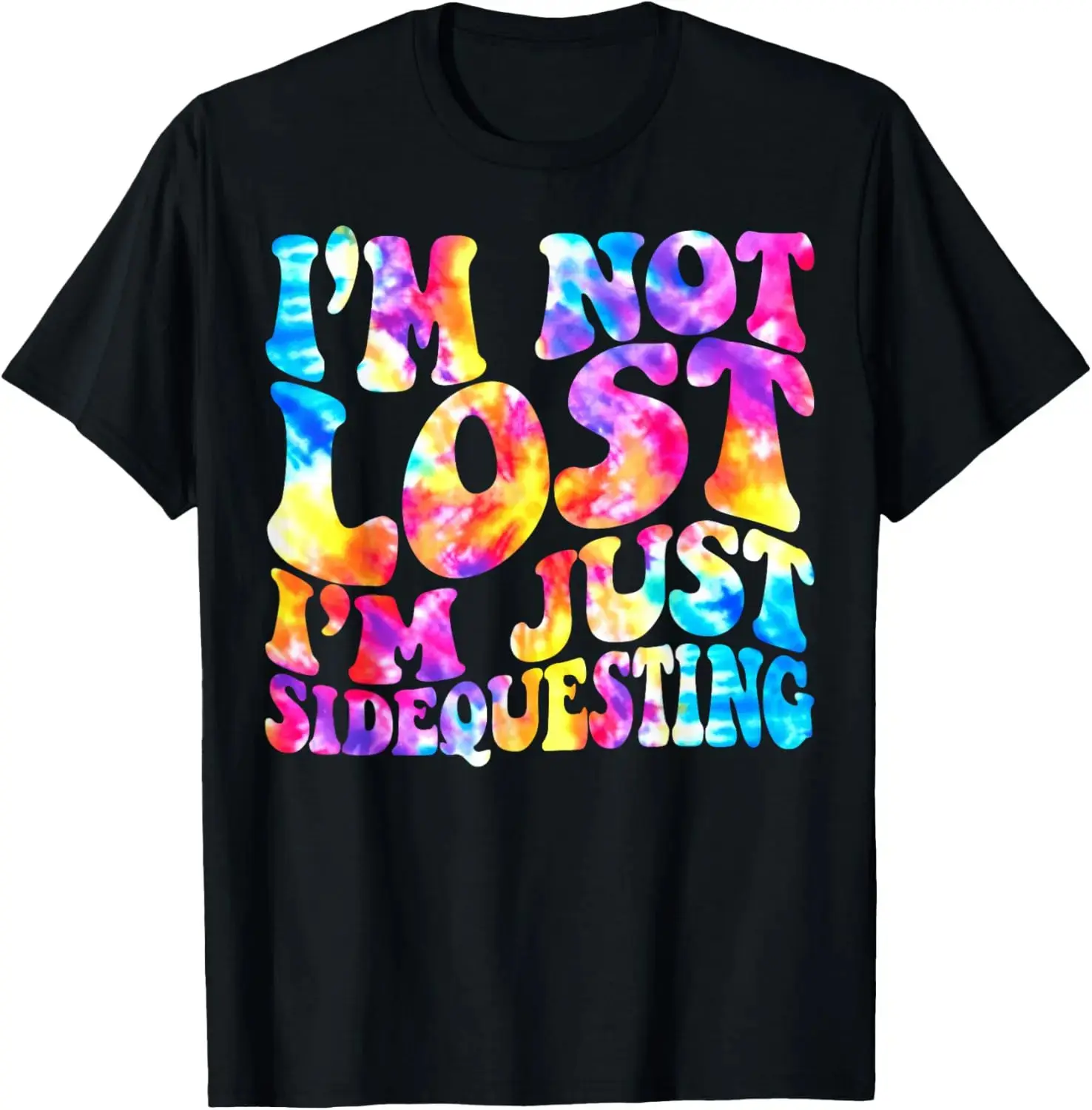 Women's 100% Cotton Casual Crew Neck Round Neck Tie-Dye T-Shirt, Digital Print Fade-Free Funny Quote "I’m Not Lost I’m Just Sidequesting" for Rave EDM
