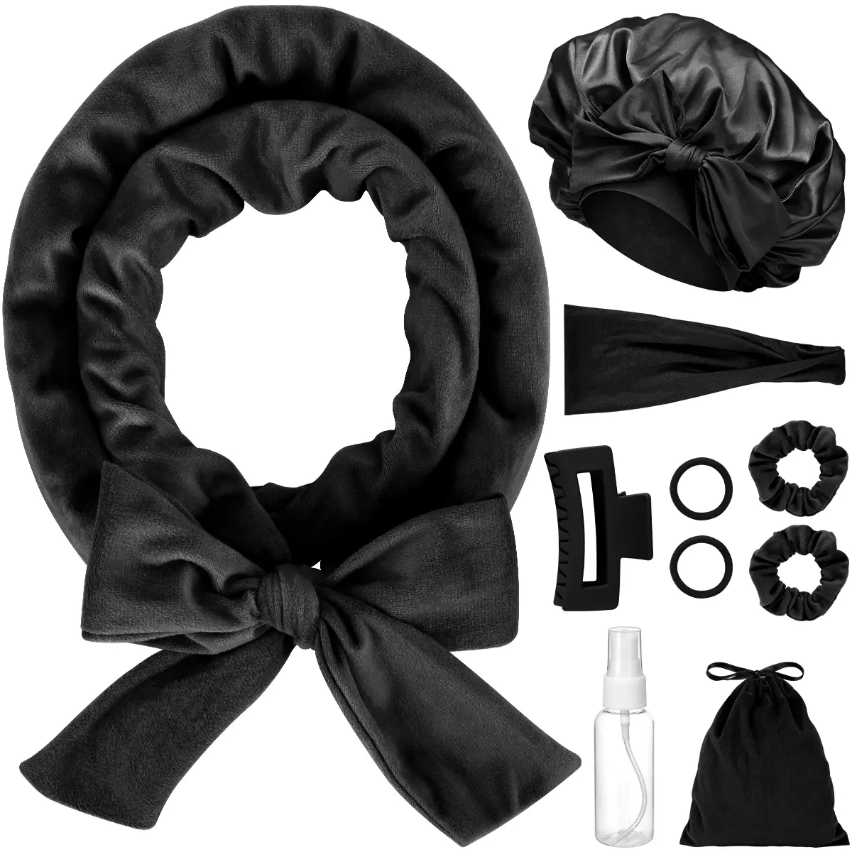 65“ No-Heat Hair Curlers, 9 Counts Curling Rods Set with Double Layer Large Satin Sleep Bonnet-Black, Hair Styling Tools for Daily Use, Trending Products,Summer Gifts Heatless Elastic