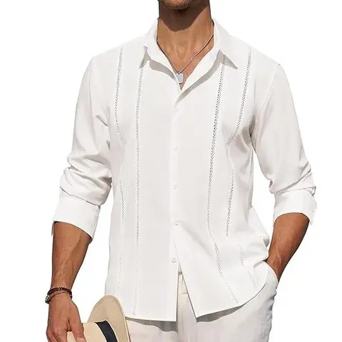 Alimens & Gentle Mens Cuban Guayabera Shirt Button Down Long Sleeve Summer Beach Casual Menswear