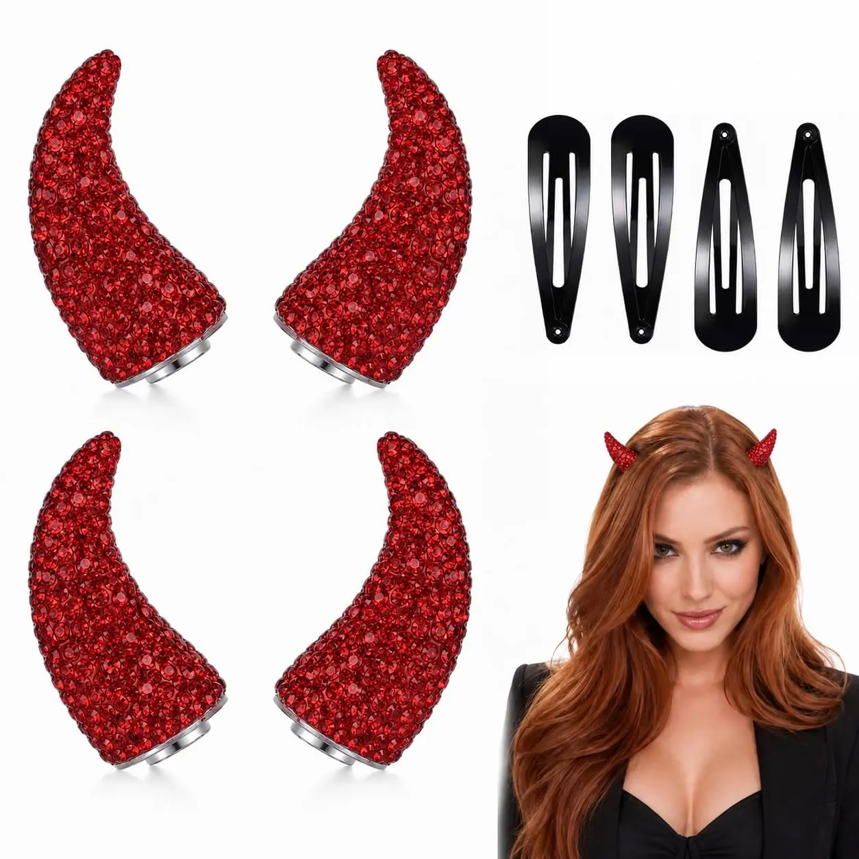 2/4Pcs Rhinestone Magnetic Devil Horns for Women, Sparkly Diamond Halloween Headwear, Wearable Horror Party Decoration Prop for Girls