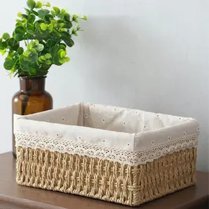 Bohemian Style Woven Storage Basket Set, Handmade Cosmetic Organizer, Toiletries Basket, Vintage Country Style with Fabric Lining, Stackable Rectangular Box
