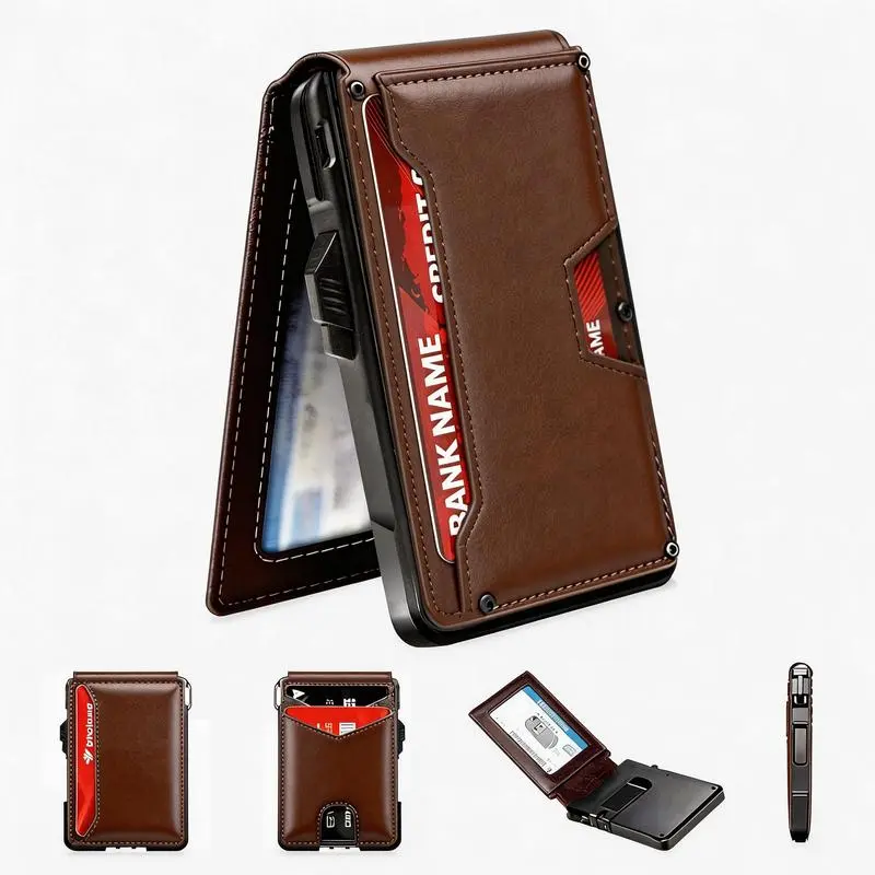 Premium Full-Grain Leather Men's Slim Fit Wallet, RFID-Block Everyday Carry Organizer with 9-13 Card Compartments, Money Clip, ID Window, Aluminum Bifold Pop-Up Spring Mechanism