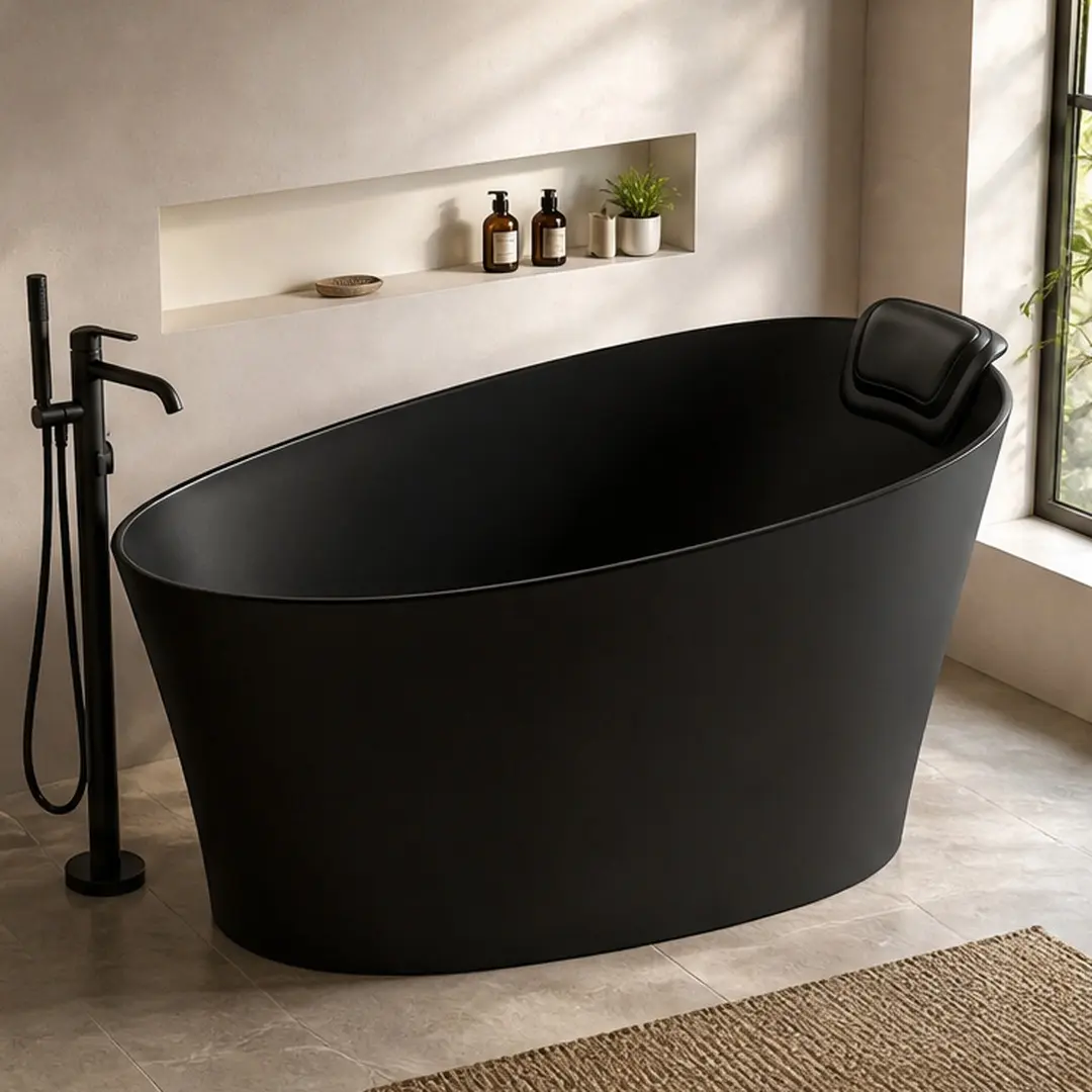 51-Inch Solid Surface Oval Freestanding Stand-Alone Soaking Bathtub - Integral Seat, Headrest, Black, Ergonomic Lumbar Arch, Deep Pedestal Base, Non-Porous Stain-Resistant Artificial Stone, Overflow & Drain Assembly Included for Bathroom, Stand-Alone