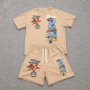 Men’s Summer 2 Piece Set, Steel Graffiti Hiphop Street Style Letter Print Short Sleeve T Shirt and Drawstring Shorts Matching Outfit, Lightweight Breathable Casual Set for Travel, Streetwear, Beach, Vacation, and Daily Wear