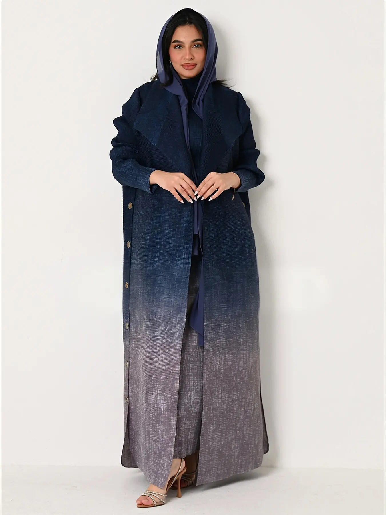 Women's Ruched Gradient Color Long Robe Windbreaker Modesty Abaya with Side Buttons - Premium Ribbed Abaya Coat - Long Wear Kaftan Dress - All Season Modest Muslim Fashion Outerwear, Stylish Kaftan Dress, Modest Muslim Outfits, Loose Fit Abaya