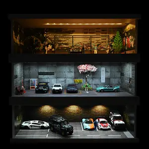 Diorama 1:64 Scale Car Garage Model LED Lighting City Street View Backdrop Car Parking Lot Scene Model Display Collection Toy Gift with Acrylic Dust Door