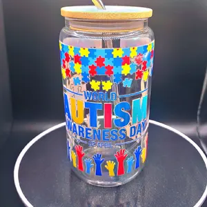 Autism Awareness 16 oz Glass Tumbler Bamboo Bottles. "Stand Proud Sipper" Colorful Drinkware Puzzle Reusable Straw