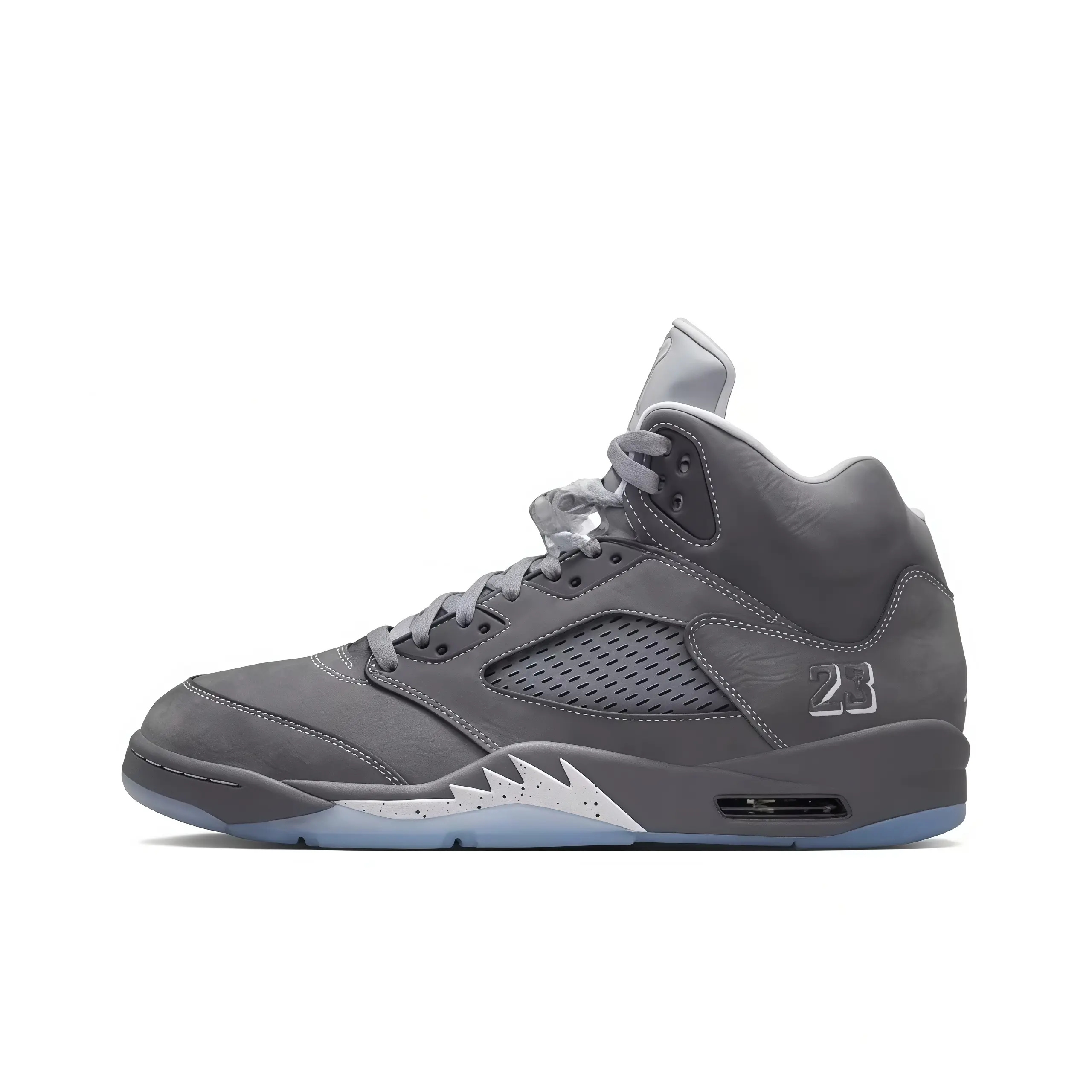 High‑top basketball sneakers dark grey nubuck upper silver side number 23 graphic white speckled shark tooth icy translucent outsole grey laces perforated mesh panel visible air cushion retro street collectible unisex fashion sport footwear