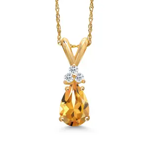 Gem Stone King 14K Yellow Gold Yellow Citrine and White Topaz Pendant Necklace for Women | 0.80 Cttw | Gemstone November Birthstone | Pear Shape 8X5MM | With 18 Inch Chain