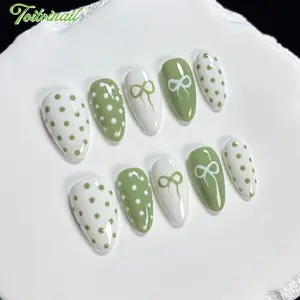 Cream Dot Handmade Press-On Nails | Short Almond Shape, 10pcs | Pastel 4-Color Polka Dot Bow | Cute Summer Aesthetic | For Daily, School, Date, Vacation, OOTD | High Gloss, Long Lasting, Reusable, Handmade DIY Nail Art Glossy Fake Nails