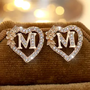 Initials design heart-shaped earrings for women letter rose flower earring fashion stud earrings Valentine's Day gift