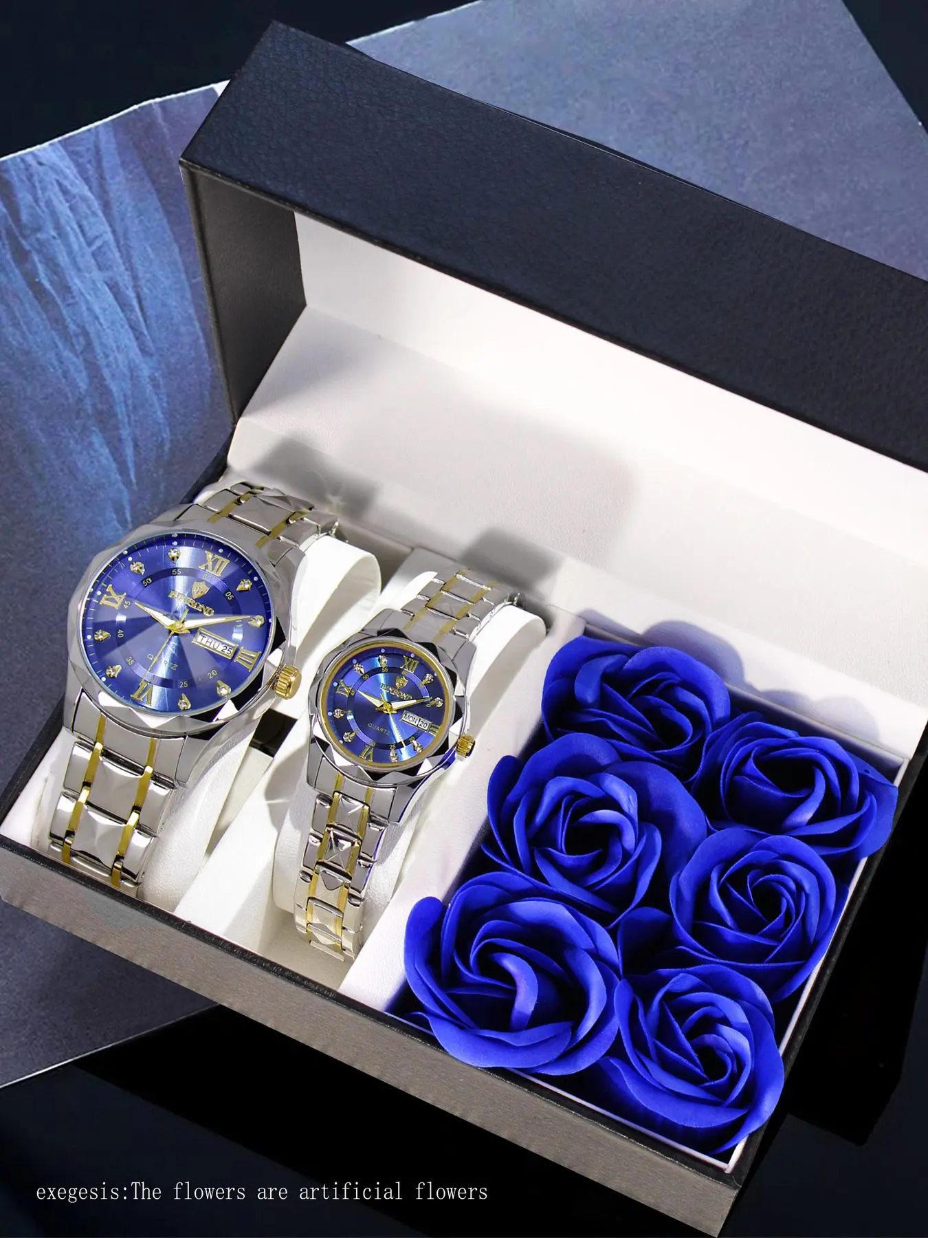 2 Pairs Couple Steel Band Night Light Calendar Design Trendy Quartz Watch, Valentine's Day Gift Box Set, Modern Watches