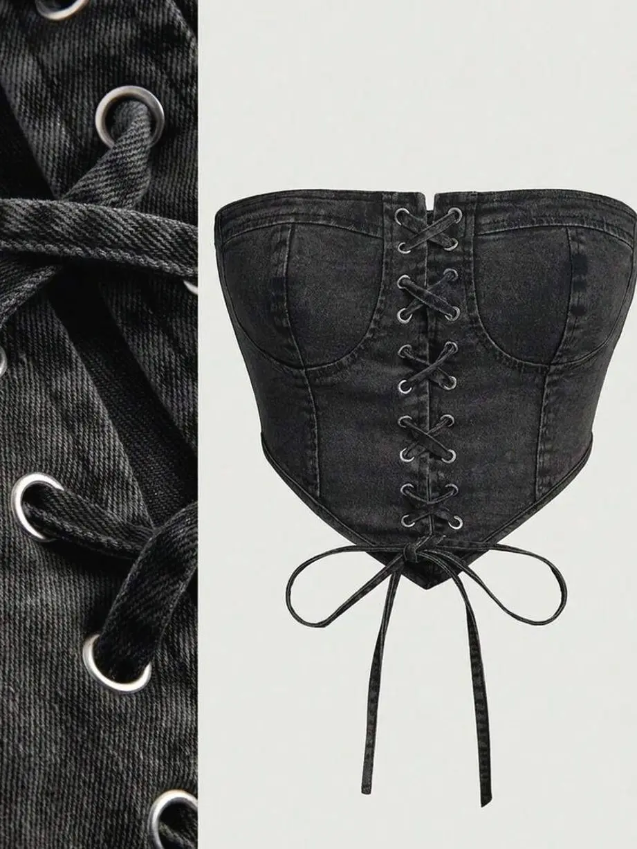 Women's Denim Tube Top, Stretchy Tie-Up Corset Crop, Y2K Summer Night Out Fashion