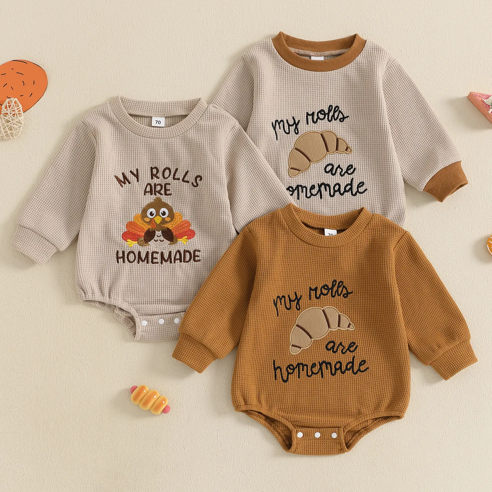Meihuida Newborn Thanksgiving Outfit Girl Boy Homemade Rolls Romper Bubble Long Sleeve Onesie Fall Thanksgiving Baby Outfits