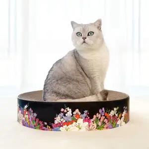 summervibes Floral Print Round Cat Scratcher - 2-in-1 Corrugated Cardboard Cat Scratching Bed - Decorative Cat Lounge for Claw Care & Napping - Durable Pet Furniture for Indoor Cats - Cute Cat Supplies
