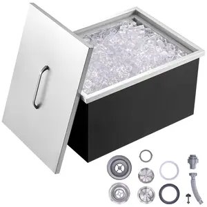 Drop-In Ice Chest, 20 In L X 14 In W X 12 In H, Premium Stainless Steel Ice Cooler Bin With Lid, 40 Qt Capacity, Outdoor Kitchen Ready, Built-In Drain Pipe And Drain Plug, Ideal For Wine, Beer And Soft Drinks