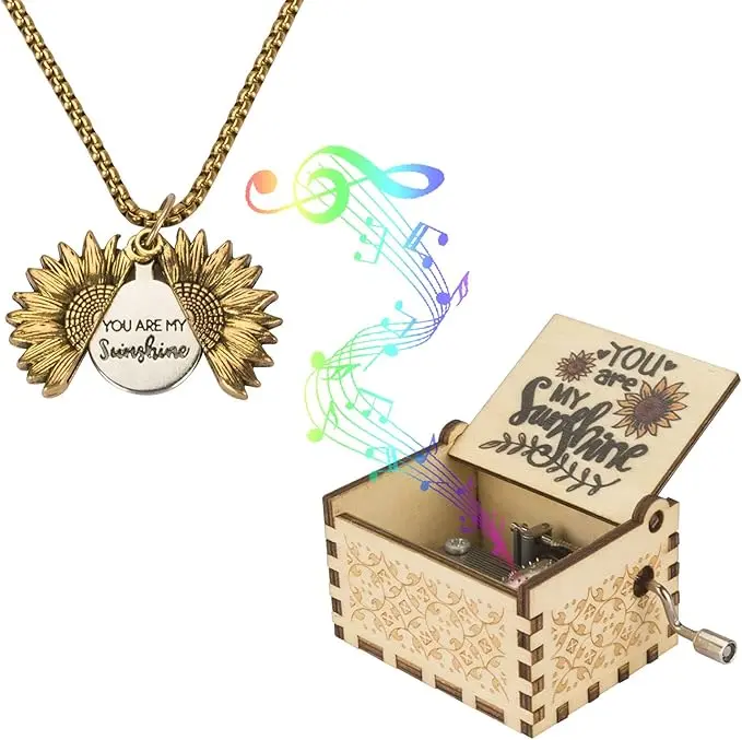 You Are My Sunshine Music Box with Sunflower Necklace – Wooden Hand Crank Musical Box with Engraved Locket Pendant, Father’s Day Gift for Dad, Birthday Gift for Him, Unique Keepsake Gift