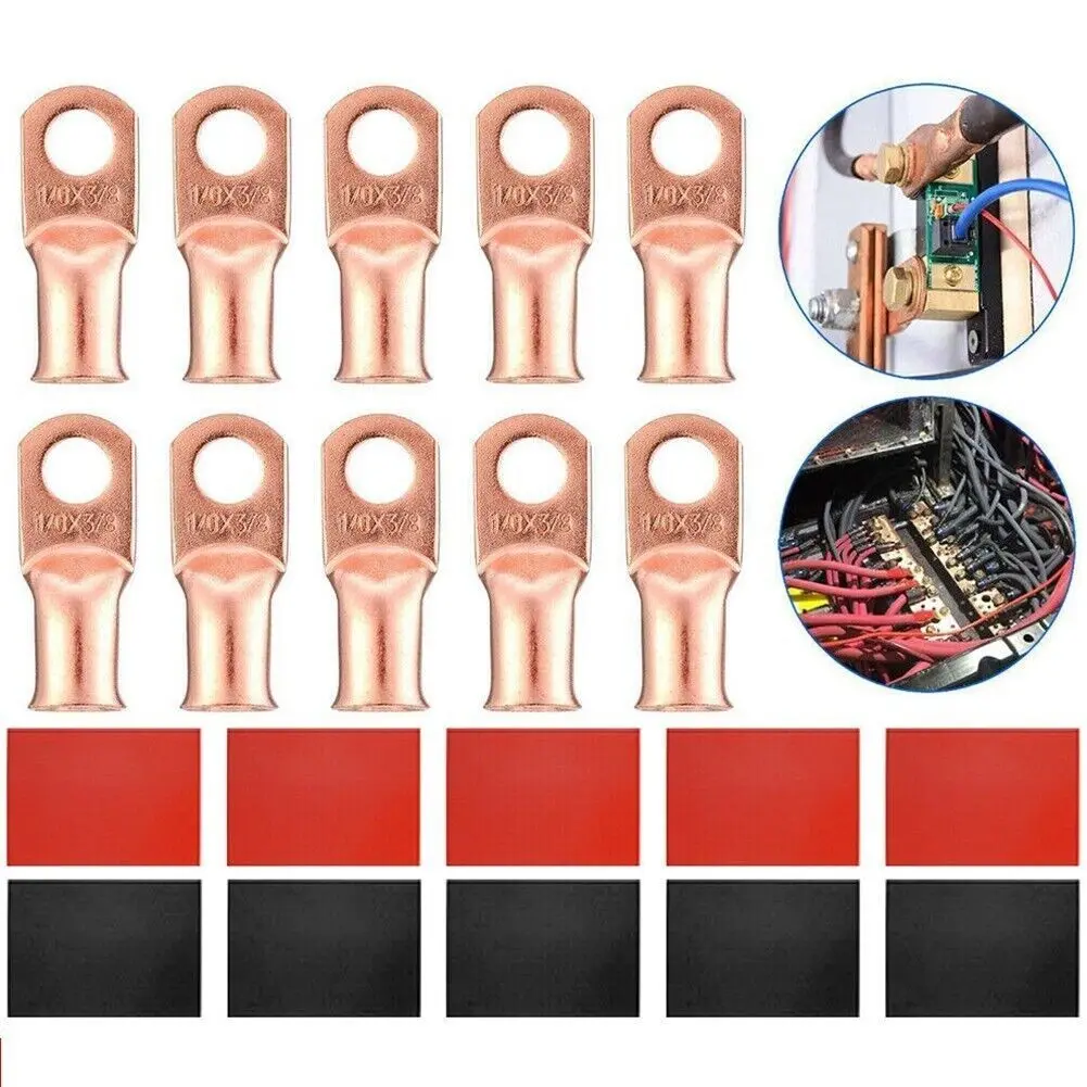 SJPACK 20pcs 4 AWG Gauge Copper Lugs, Black & Red Heat Shrink End Ring Terminals, Electrical Wire Connectors for Home Improvement Wires & Cables