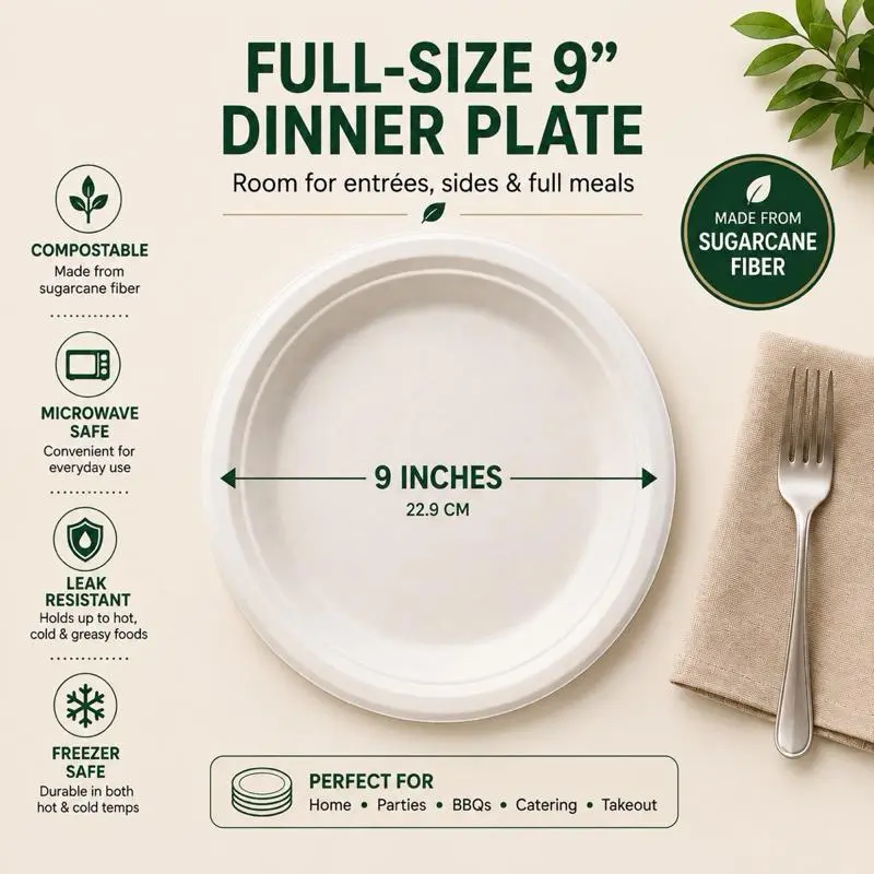 9 Inch Compostable Bagasse Plates – Sugarcane Fiber Dinner Plates