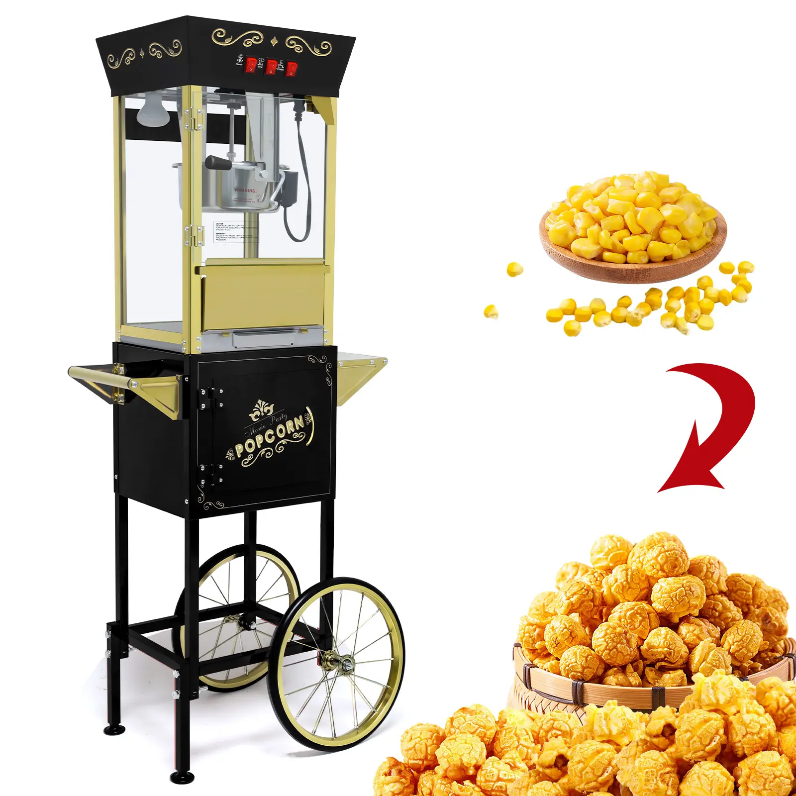12oz Rust-Resistant Vintage Stainless Steel Popcorn Machine Set with Cart, Mobile Bicycle-Style Tires, Storage Cabinet, Old Maids Drawer, 850W Power, 3-Switch Control Panel - Family Watch Party Guest Use, Specialty Kitchen Appliance