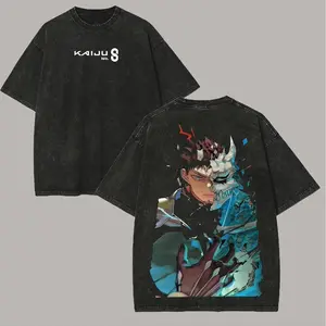 Men's Oversized Round Neck Shortsleeve Graphic T-Shirt - Unisex Vintage Kaiju No.8 Retro Distressed Wash Black Tee with Kafka Hibino & 8 Dual Prints, Casual Streetwear for Anime Fans, Graphic T Shirts