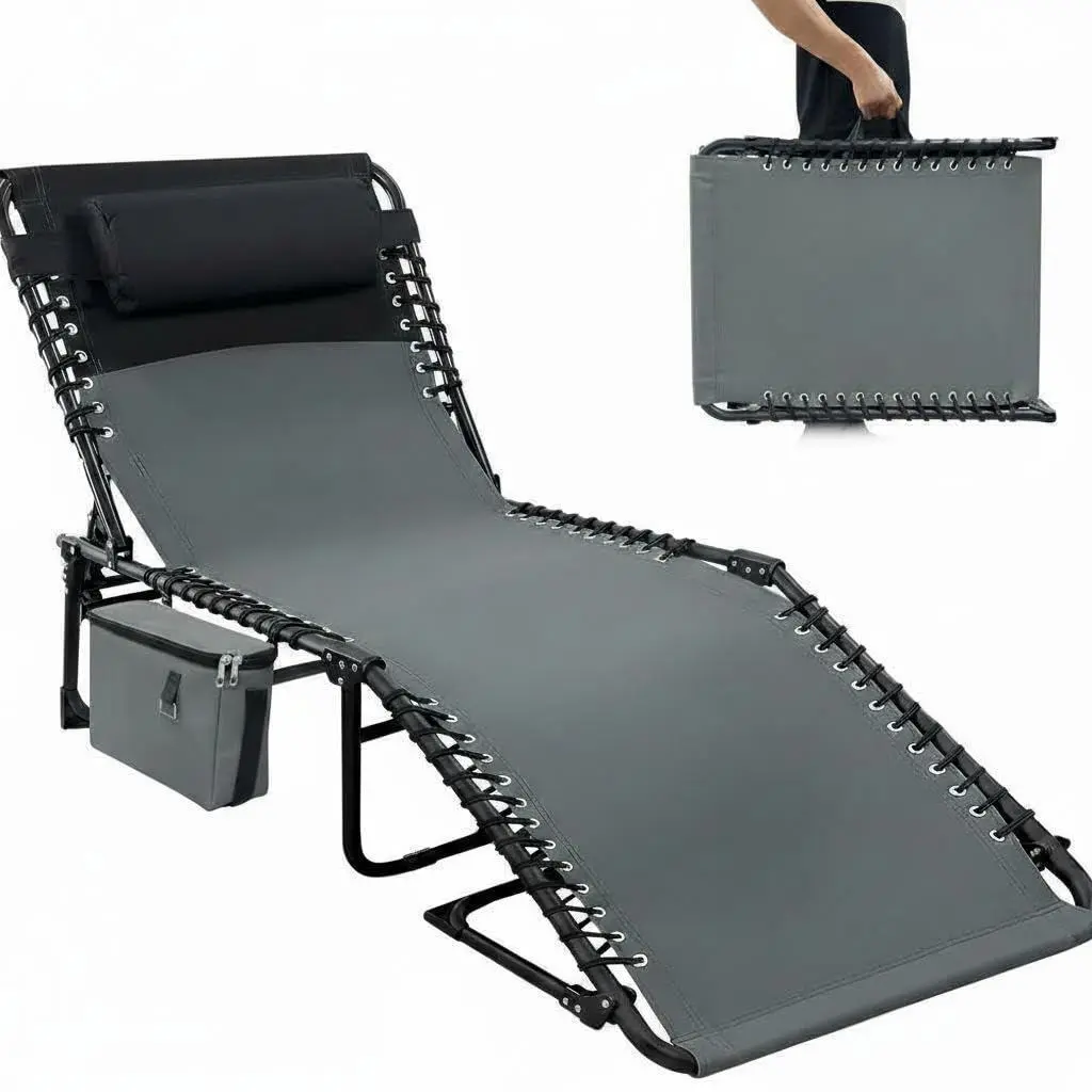 Gaomon Portable Tanning Chair - Sturdy Outdoor Chaise Lounge Chair, 5-Position Reclining Lounger, 22mm Rust-Resist Steel Frame, Foldable Lay Flat Cot with Removable Pillow, Carry Handle, Side Pocket, 264lb Capacity for Beach, Garden