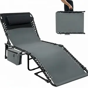 GAOMON Chaise Lounge Chair Outdoor, 5-Position Adjustable Sun Tanning Chair with Carrying Handle and Side Pocket, Folding Bed Cot with Removable Pillow for Garden, Beach, Patio, Pool, Camp