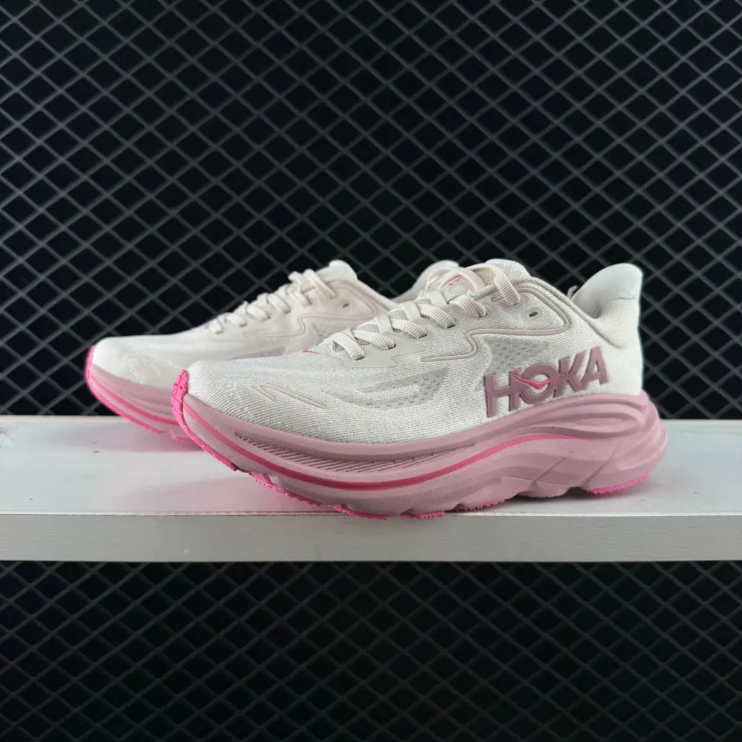 Cream‑pink max cushion trainers, lightweight engineered mesh upper, stacked pink foam sole, lace‑up design for outdoor fitness jogging styling