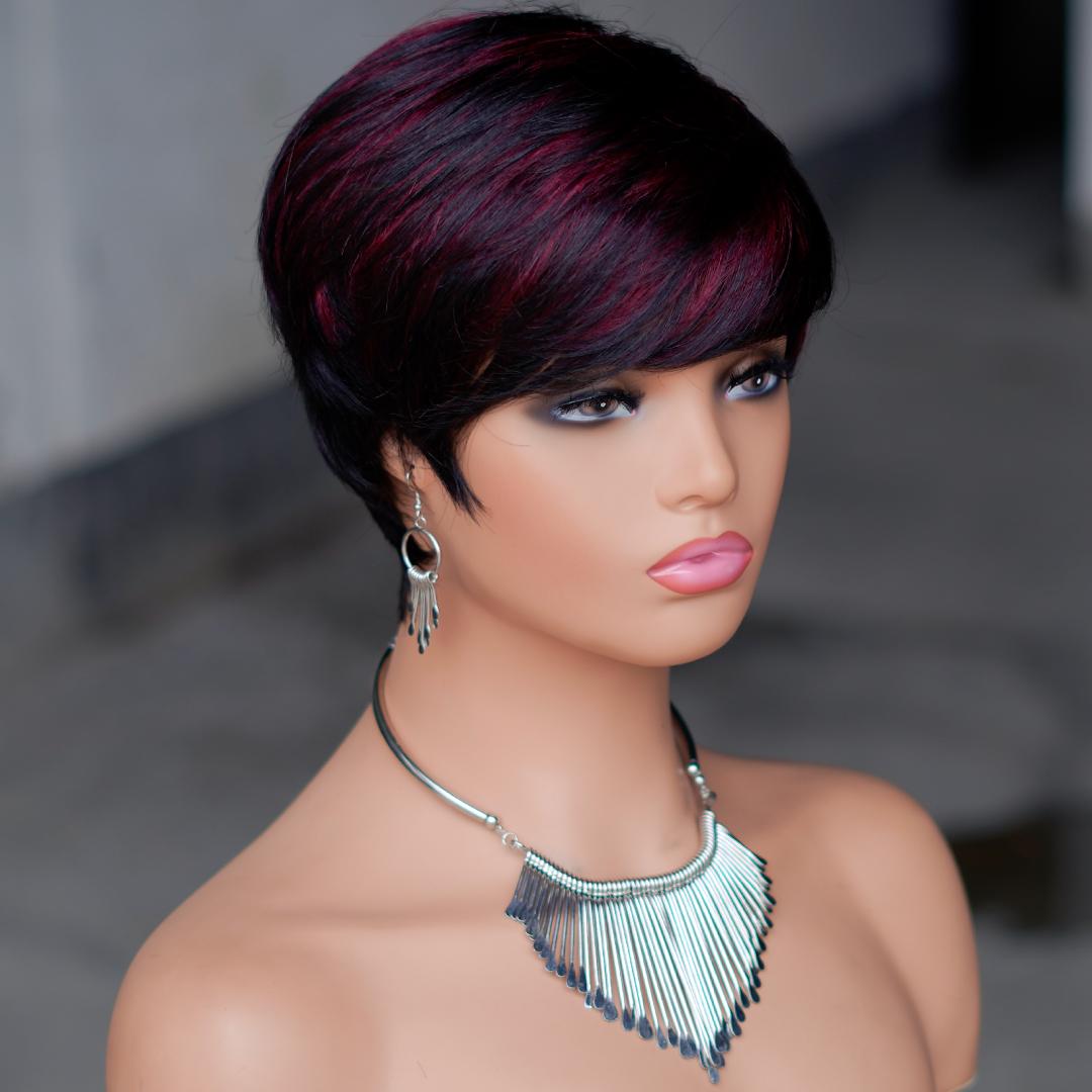 Short Pixie Cut Wig With Bangs, Glueless 180% Density Brazilian Virgin Human Hair, 6 Inch 1B Natural Black Mixed Blonde, Machine Made Wig Caps For Daily & New Year Wear