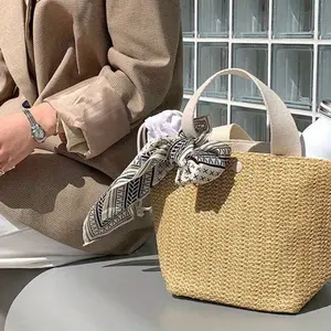SummerVibes Women's Hand-Woven Synthetic Bucket Bag - Boho Beach Tote Zipper Closure, Wicker-Like Texture Spacious Hand Washable Handbag