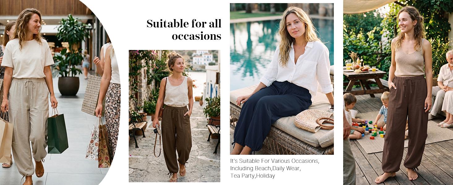 Women's Linen Balloon Barrel Beach Sport Pants Boho Harem Flowy Drawstring Casual Loose Pants with Pockets gym fits baggy Summer Wide Leg Basic Lightweight Bottom Love