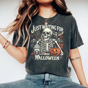 Just Waiting for Halloween Shirt, Funny Skeleton Pumpkin Graphic Tee, Retro Spooky Fall T-Shirt, Cute Halloween Season Outfit Idea