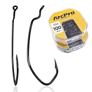 ArcPro Improve Offset EWG Worm Hooks, 50/100pcs  V-Shaped Hooks, Bass Fishing Hooks for Freshwater and Saltwater, Black High Carbon Steel, Texas Rig Hooks with Portable Plastic Box, 4#-2/0