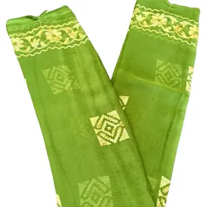 Soft Georgette Saree 5.5 Meters - Green Color with Yellow Floral Embroidery Design