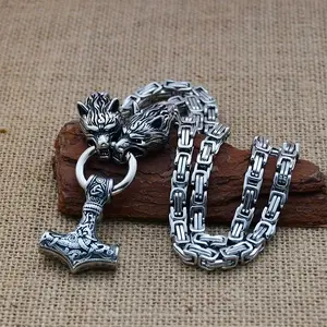 Men Stainless Steel Wolf Head Norse Viking Amulet Thor Mjolnir Necklace King Chain, Viking Pendant Necklace For Men Women Jewelry