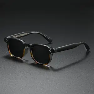 Vintage Square Frame Sunglasses Transparent Gray Acetate Tortoise Patterned Engraved Temples UV400 Black Lenses Retro Modern Style