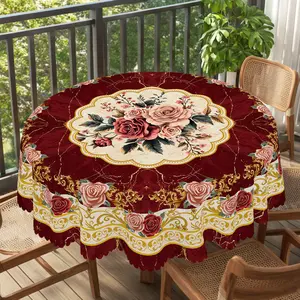 1pc, Village Vintage Floral Marble Pattern Printed Tablecloth, Spring and Autumn Farmhouse Rose Flower Pattern Tablecloth, Christmas Party Outdoor Decor, Kitchen Accessories, Rose Red Marble Bohemian Style Decoration Home Table Cover, Gifts Round