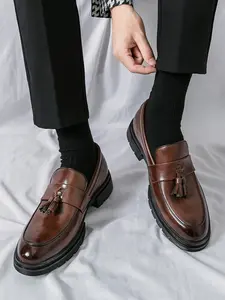 Men's Low Heel Business Casual Fashion Tassel Loafers, Stylish Formal Shoes, Comfortable Lace-Up Design, Perfect for Office Wear