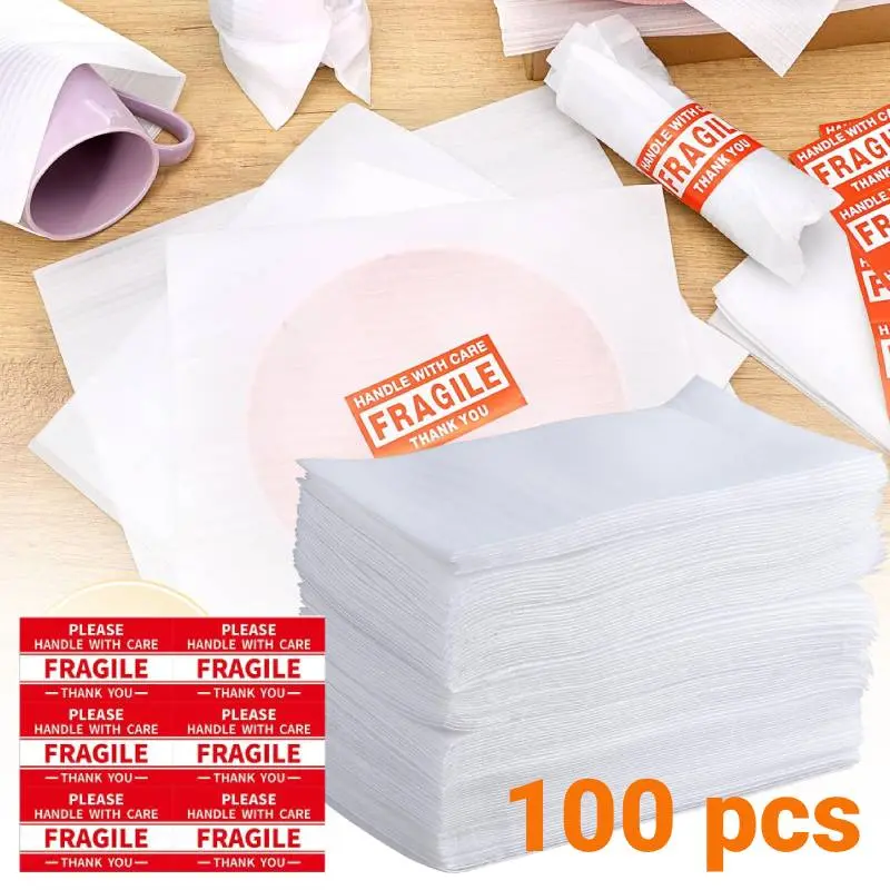100-Pack Double Sided 0.75mm Thick White Foam Wrapping Pouches (7.87"x11.81") + 300 Fragile Stickers, Protective Cushioning Bags for Packing Dishes, Smartphone Screens, Protects Goods (Home & Party Supplies)