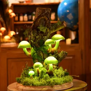 M Luminous Mushroom Sculpture - Green Glowing Mushrooms on Mossy Base Decorative Art Piece