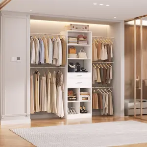 66''-100'' Adjustable Walk-in Closet Organizer with 5 Hanging Rods and 2 Drawers, Morden Closet System with Storage Shelves and Cube Storage Organizer