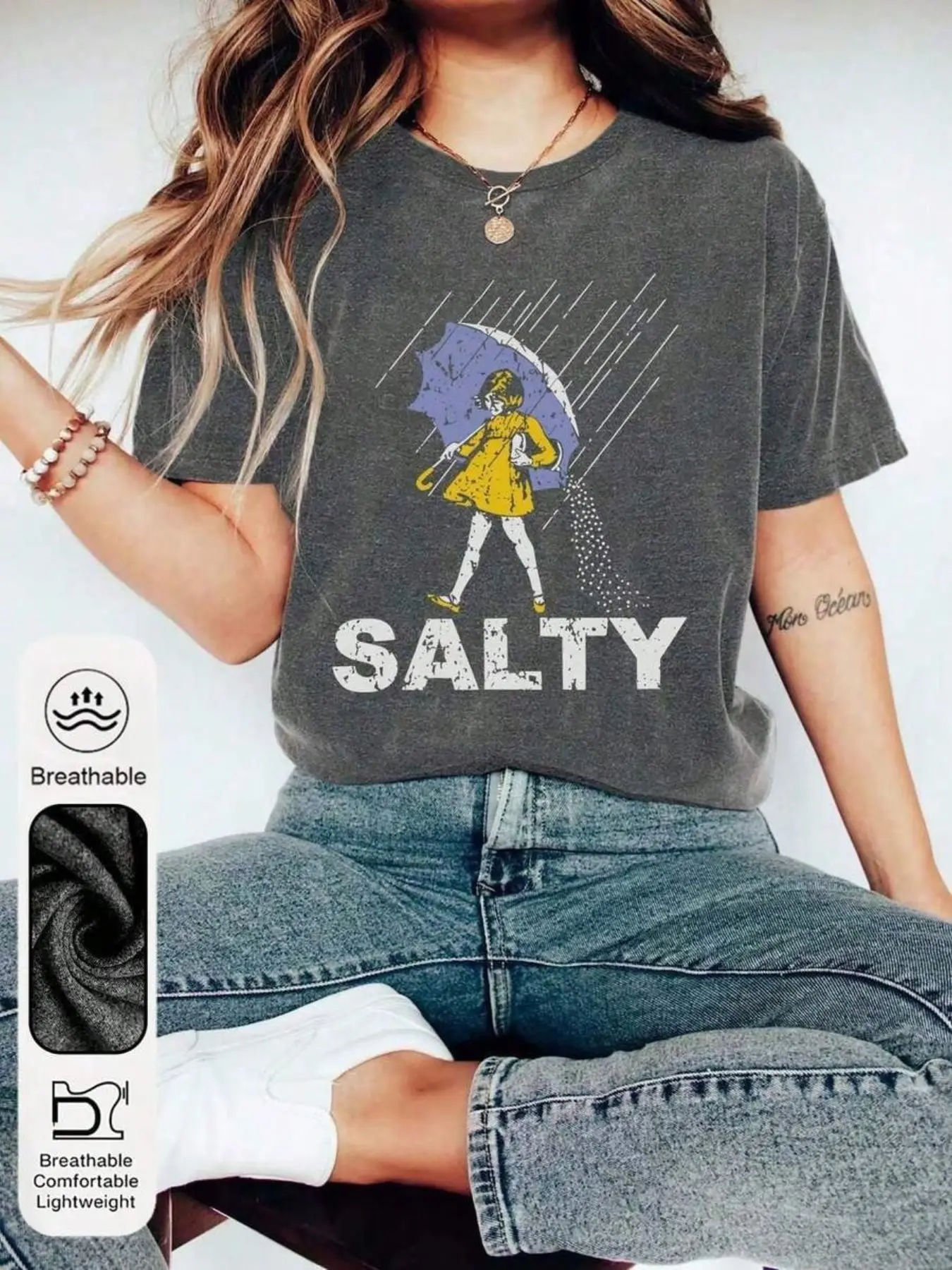 Salty Rain Girl Graphic, Print Tee Vintage Y2K Aesthetic Streetwear Soft Breathable Lightweight, Round neck, Loose Fit Casual, Everyday Tops for Women Retro Summer Outfit Comfortable Daily Wear Rainy Day Look Fashion Tee Casual Comfy Tee