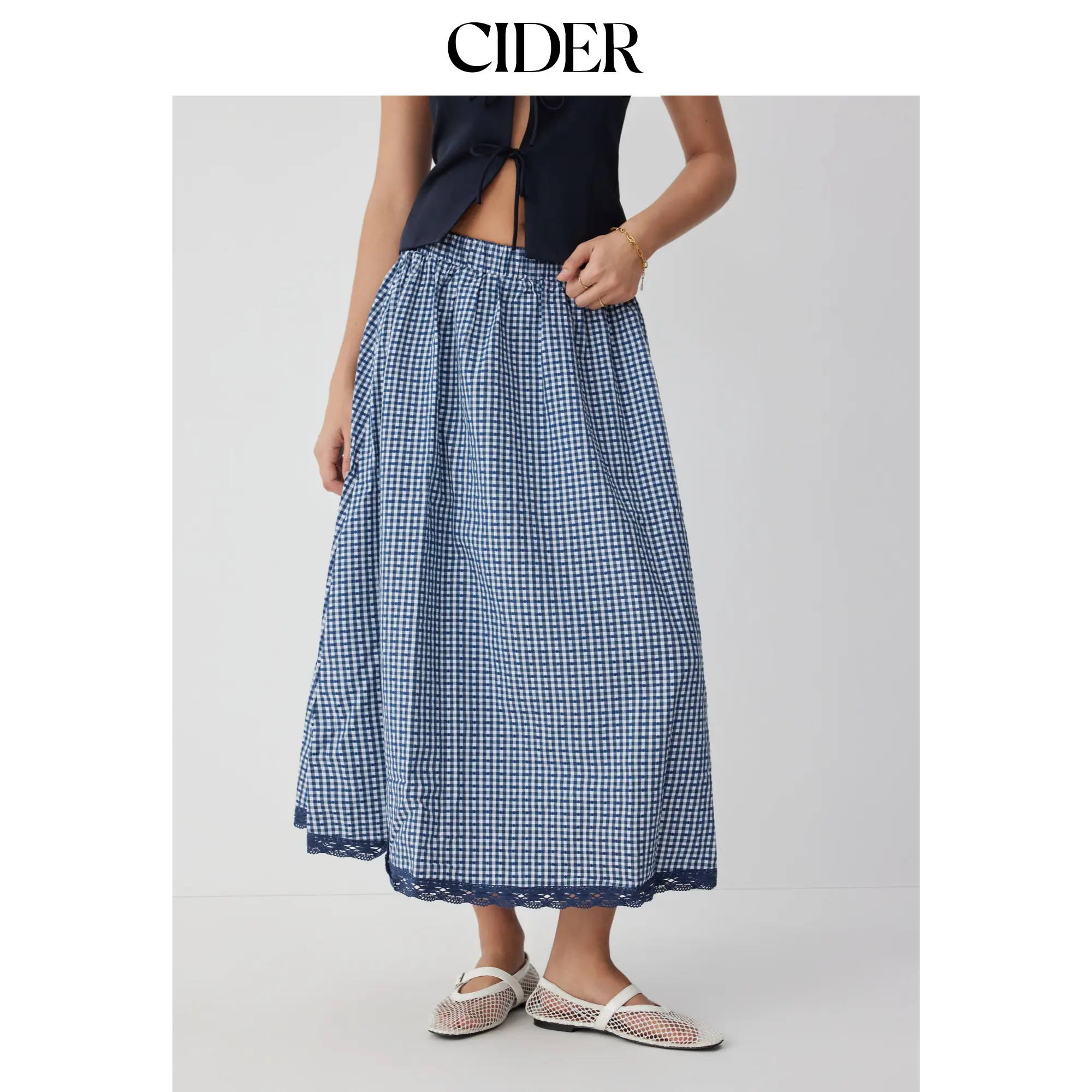 Cider High Rise Gingham Lace Trim A-line Maxi Skirt