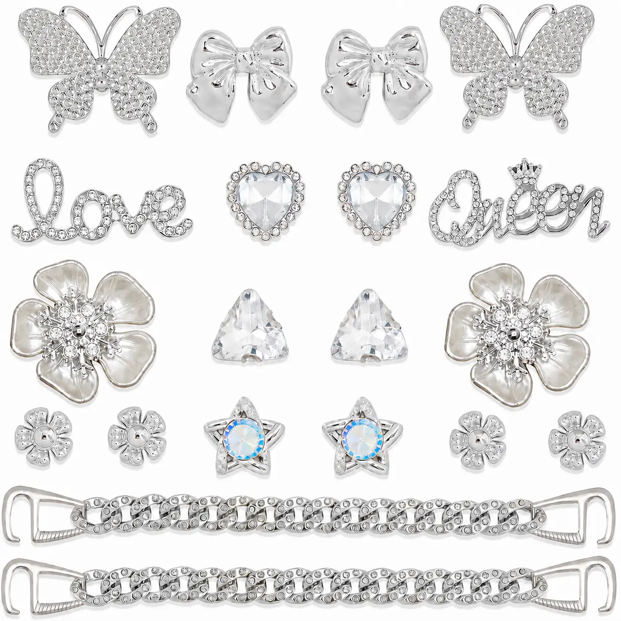 20 Pcs Silver Shoe Charms Chain Charms for Women'S Sandals Girls Slippers Butterfly Flower Pearl Clog Shoe Charms Bling Rhinestone Cute Decor for Party Birthday Footwear Bedroom