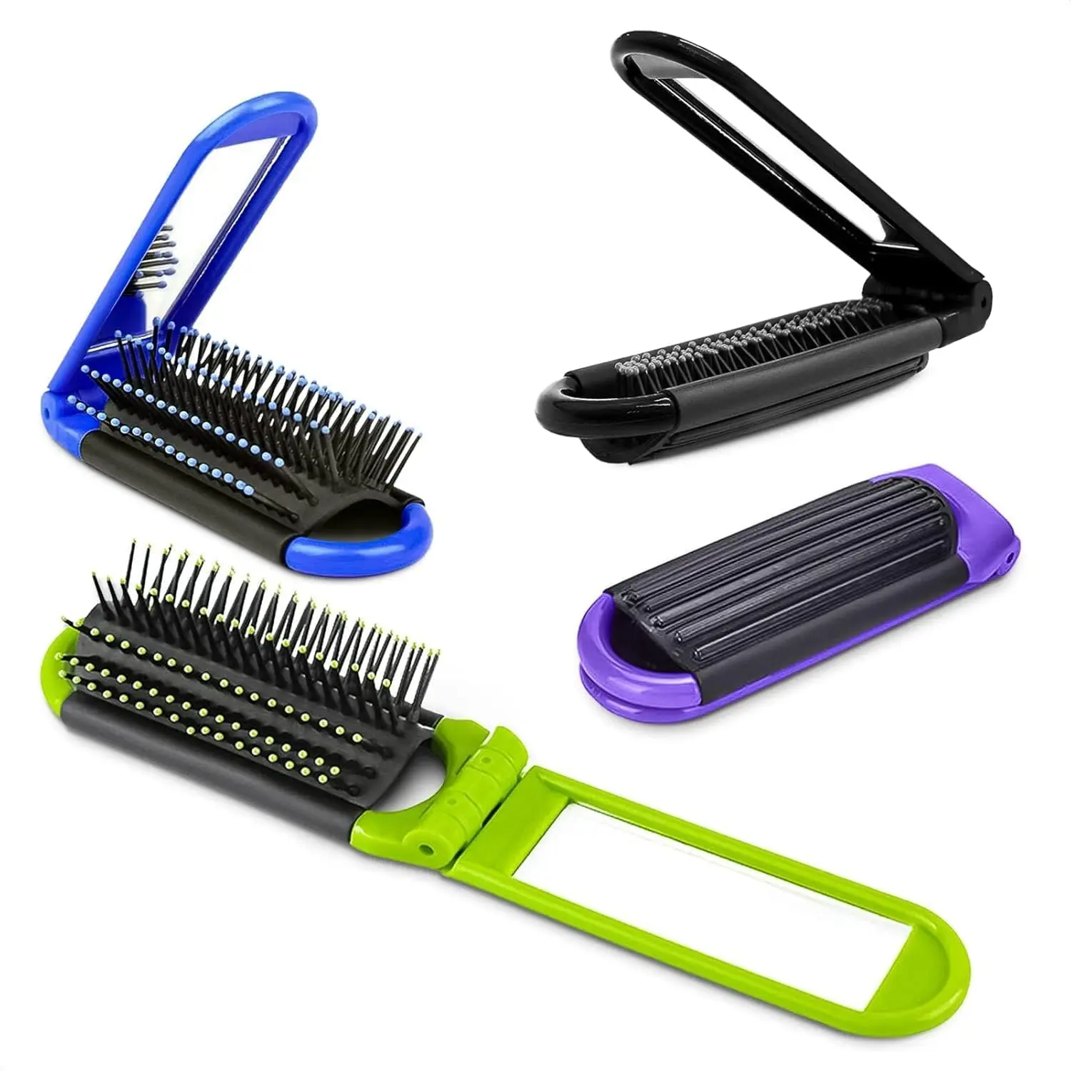 4-Piece Folding Travel Hair Brush Set with Mirror, Compact Purse-Size Space Saver with Soft Nylon Bristles for All Wet or Dry Hair Types, Lightweight, Plastic, Soft Bristle, All Types, Thick Hair