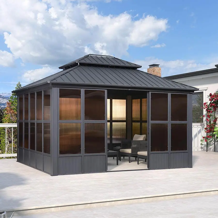 PURPLE LEAF 12' x 14' Hardtop Gazebo For Patio | Screen House Grey Aluminum Solarium Canopy