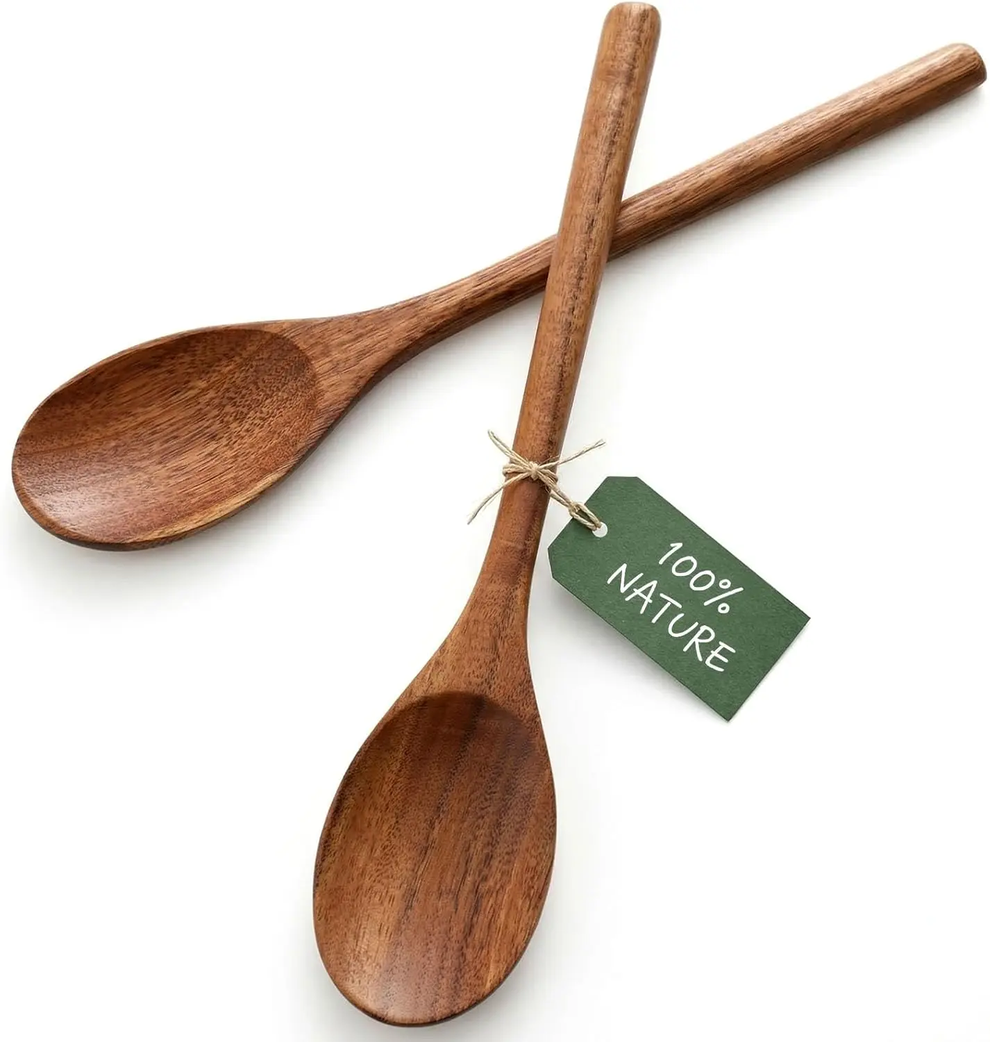 2PCS Natural Acacia Wood Cooking Spoons Set - 12in Large Stirring/Baking Utensils with Heat-Safe Extended Handle, Toxin-Free Durable Grip for Nonstick Pots, Ideal Women's Gifts, Hand Wash Recommended